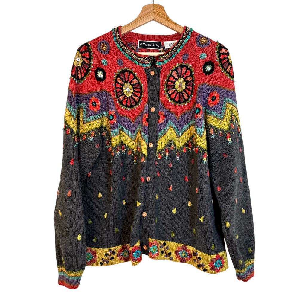 Vtg Christine Foley Embroidered Cardigan Sz 2 Cotton Bead  Handcrafted Folk